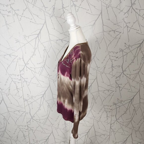 Marc Aurel Tie Dye Beaded Ribbed V-Neck Henley Top - Picture 4 of 6